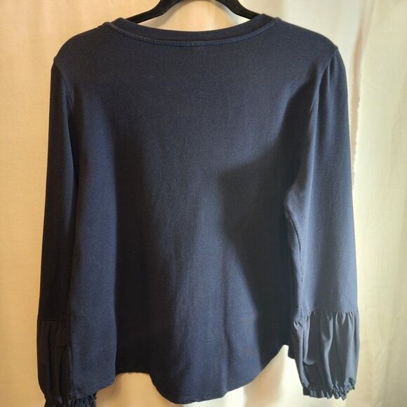 CHICOS ZENERGY TOP SIZE 2 WOMENS LARGE 12 NAVY BLUE LONG RUFFLED SLEEVE RELAXED - Picture 4 of 7